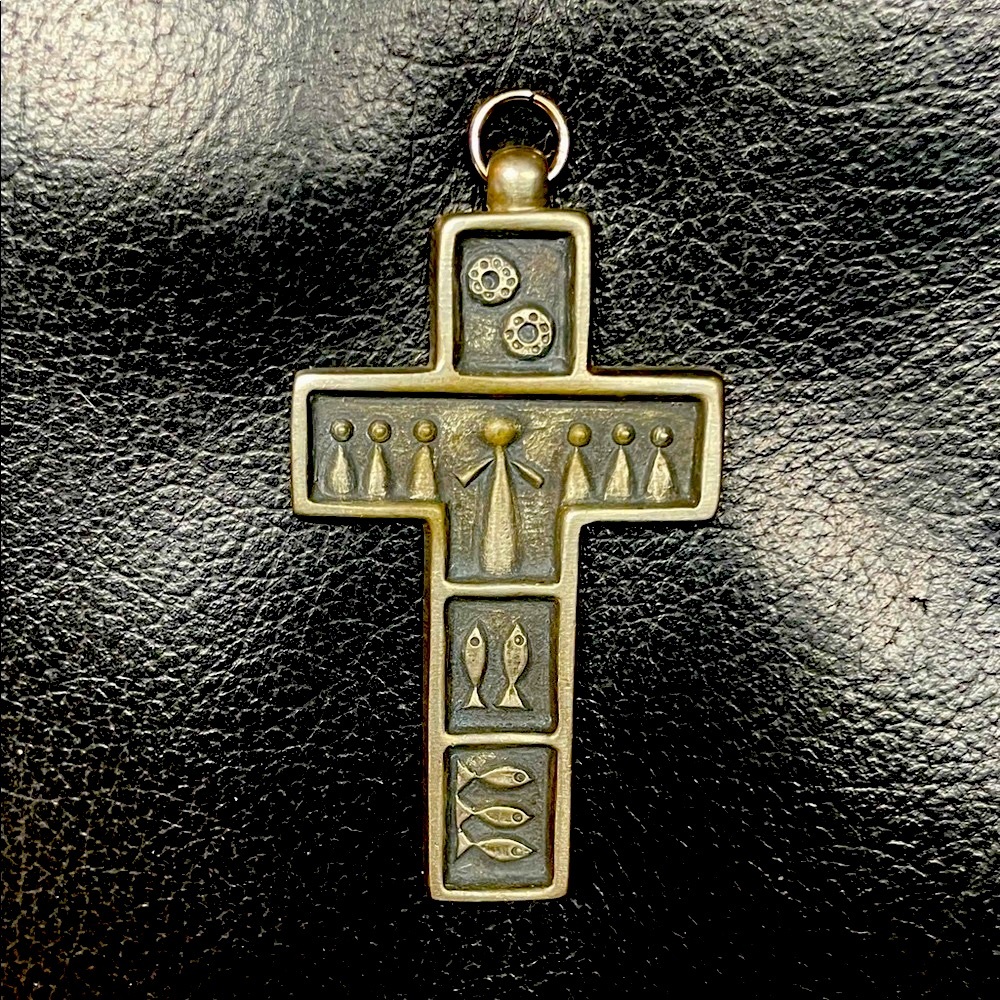 Swedish Pewter Cross Pendant Depicts Jesus and Bread Loaves and Fishes Miracle